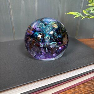 Signed Robert Held Art Glass Paperweight Vintage Studio Glass Orb Purple & Teal